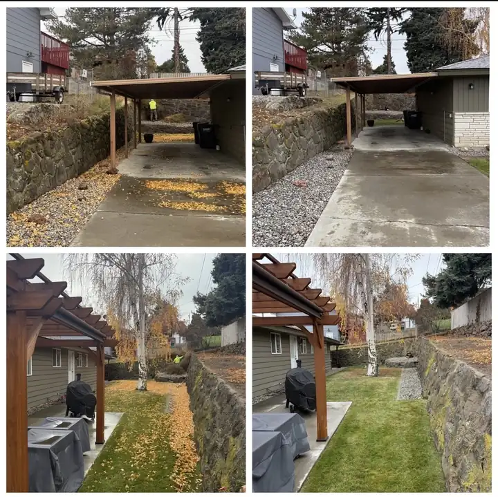 Fall leaf cleanup under a carport and pergola, before and after
