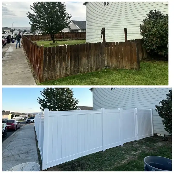 Corner-lot wood fence replaced with white vinyl privacy fence