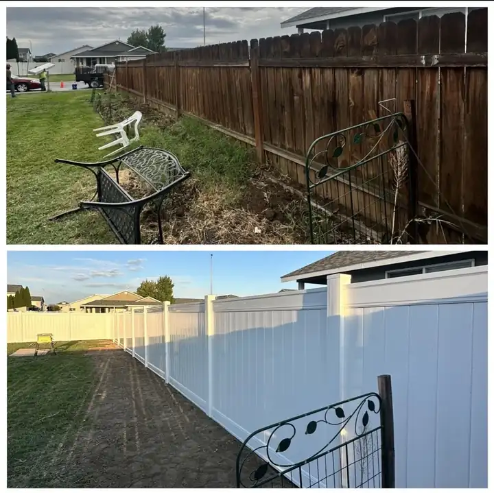 Before and after of a side yard wood fence replaced with white vinyl