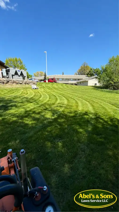 Mower-seat view over a striped hillside lawn, from a customer-posted photo of Abel's & Sons work